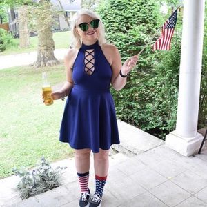 Express Navy Criss-Cross Skater Dress